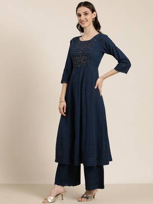 Showoff women's round neck solid navy blue anarkali kurta and palazzos with dupatta 4