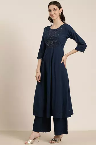 Showoff women's round neck solid navy blue anarkali kurta and palazzos with dupatta