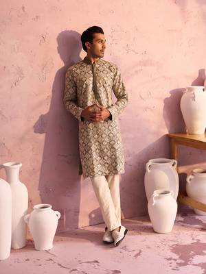 Green Silk Blend Kurta Pyjama Set 1