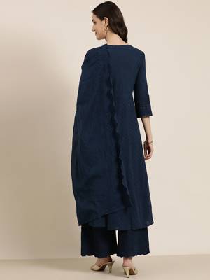 Showoff women's round neck solid navy blue anarkali kurta and palazzos with dupatta 5