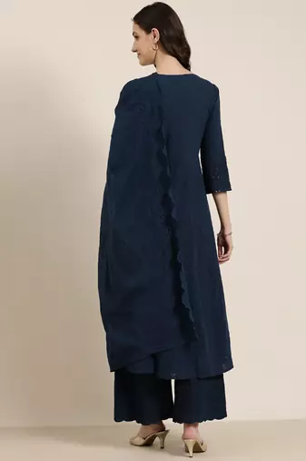 Showoff women's round neck solid navy blue anarkali kurta and palazzos with dupatta