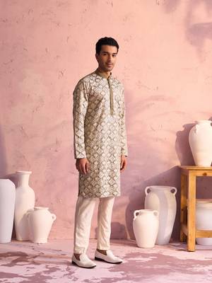 Green Silk Blend Kurta Pyjama Set 2