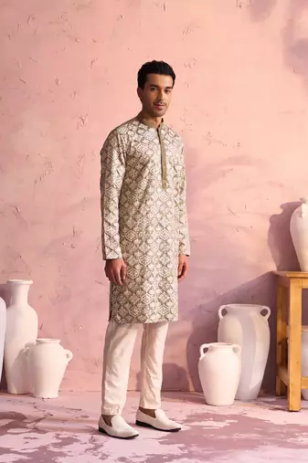 Green Silk Blend Kurta Pyjama Set