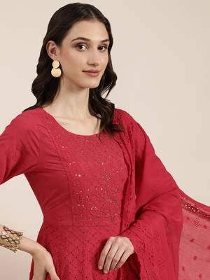 Showoff women's round neck solid pink anarkali kurta and palazzos with dupatta 1
