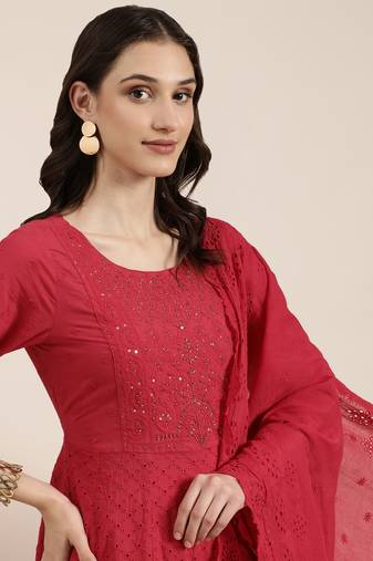 Showoff women's round neck solid pink anarkali kurta and palazzos with dupatta