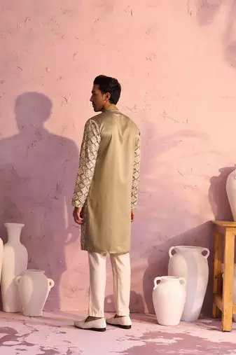 Green Silk Blend Kurta Pyjama Set