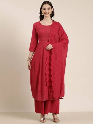 Showoff women's round neck solid pink anarkali kurta and palazzos with dupatta 2