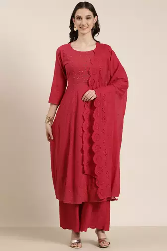 Showoff women's round neck solid pink anarkali kurta and palazzos with dupatta