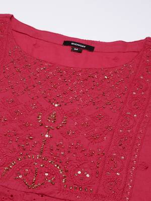 Showoff women's round neck solid pink anarkali kurta and palazzos with dupatta 3