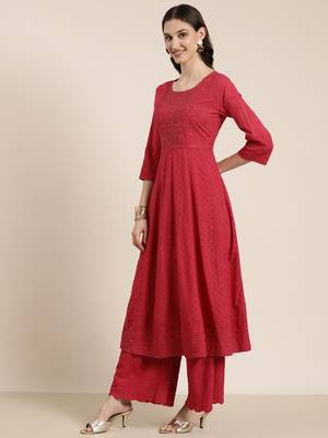 Showoff women's round neck solid pink anarkali kurta and palazzos with dupatta 4
