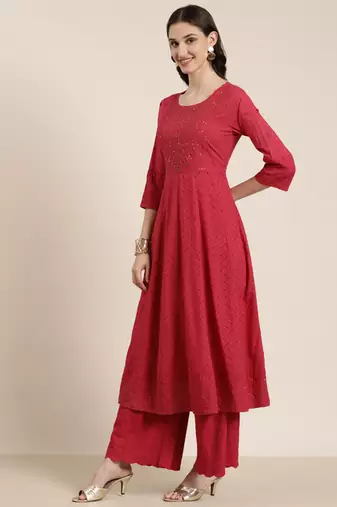 Showoff women's round neck solid pink anarkali kurta and palazzos with dupatta