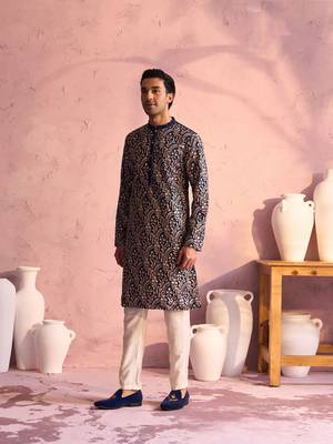 Men'S Turquoise Green Georgette Kurta Pyjama Set 1