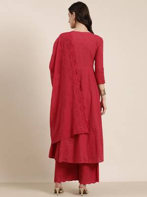 Showoff women's round neck solid pink anarkali kurta and palazzos with dupatta 5