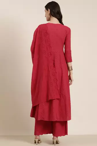 Showoff women's round neck solid pink anarkali kurta and palazzos with dupatta