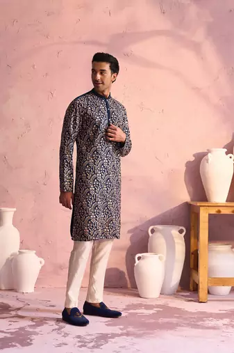Men'S Turquoise Green Georgette Kurta Pyjama Set