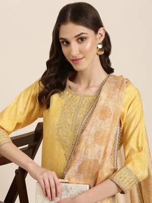 women's round neck bandhani zari yellow straight kurta and trouser with dupatta 1
