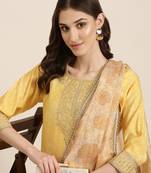 women's round neck bandhani zari yellow straight kurta and trouser with dupatta