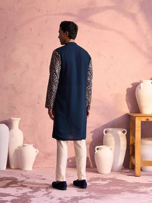 Men'S Turquoise Green Georgette Kurta Pyjama Set 3