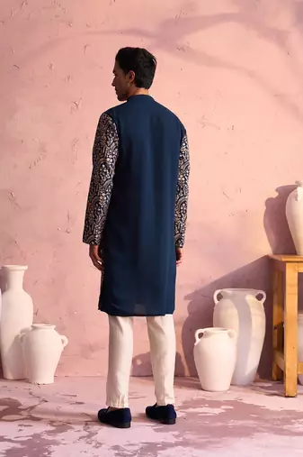 Men'S Turquoise Green Georgette Kurta Pyjama Set