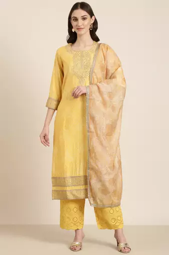 women's round neck bandhani zari yellow straight kurta and trouser with dupatta