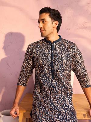 Men'S Turquoise Green Georgette Kurta Pyjama Set 4
