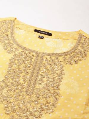 women's round neck bandhani zari yellow straight kurta and trouser with dupatta 3