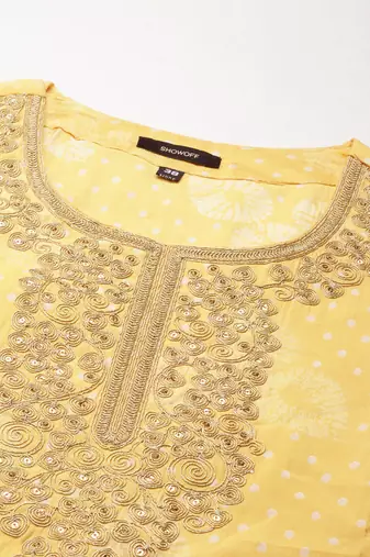 women's round neck bandhani zari yellow straight kurta and trouser with dupatta