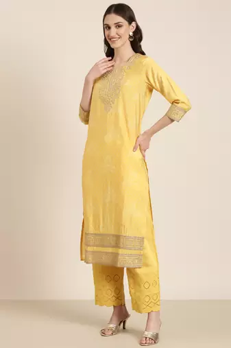 women's round neck bandhani zari yellow straight kurta and trouser with dupatta