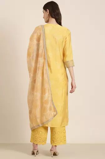women's round neck bandhani zari yellow straight kurta and trouser with dupatta