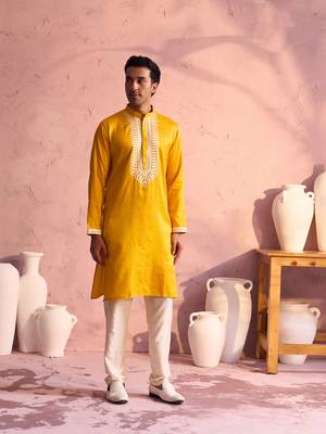 Yellow And Cream Moonga Silk Kurta Pyjama Set 1