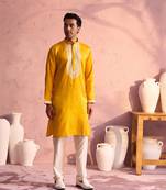 Yellow And Cream Moonga Silk Kurta Pyjama Set