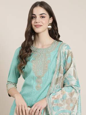 women's round neck bandhani zari sea green straight kurta and trouser with dupatta 1