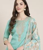 women's round neck bandhani zari sea green straight kurta and trouser with dupatta