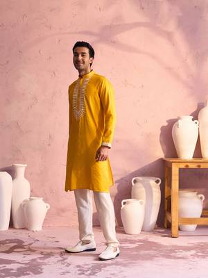 Yellow And Cream Moonga Silk Kurta Pyjama Set 2