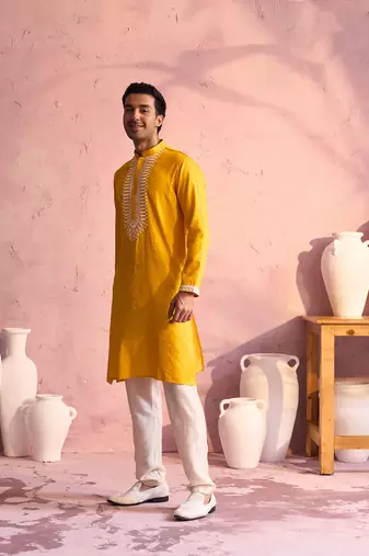 Yellow And Cream Moonga Silk Kurta Pyjama Set