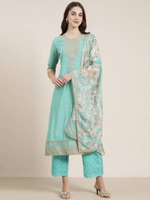 women's round neck bandhani zari sea green straight kurta and trouser with dupatta 2