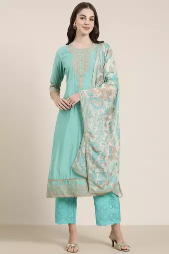 women's round neck bandhani zari sea green straight kurta and trouser with dupatta