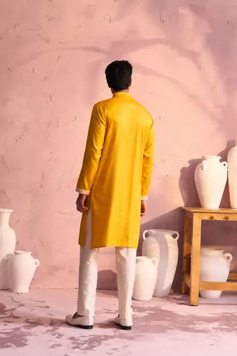 Yellow And Cream Moonga Silk Kurta Pyjama Set