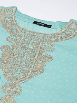 women's round neck bandhani zari sea green straight kurta and trouser with dupatta 3