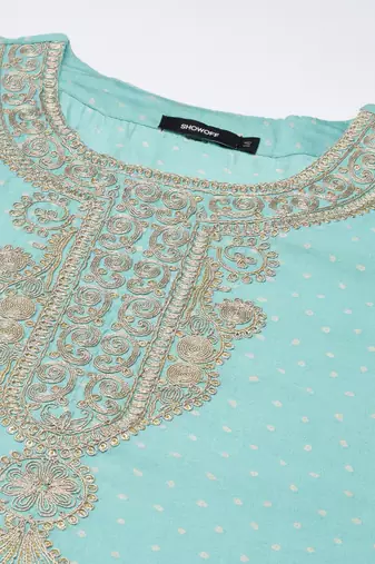 women's round neck bandhani zari sea green straight kurta and trouser with dupatta