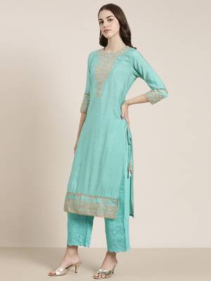 women's round neck bandhani zari sea green straight kurta and trouser with dupatta 4