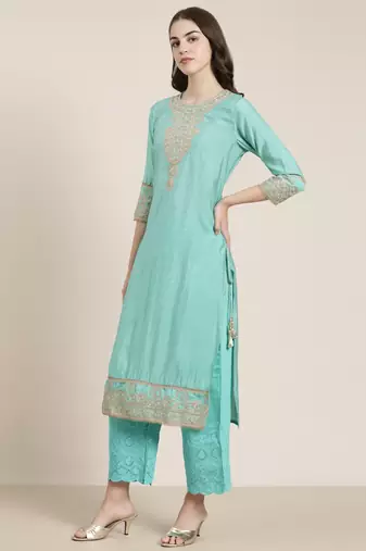 women's round neck bandhani zari sea green straight kurta and trouser with dupatta