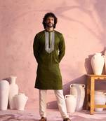 Mehendi Green And Cream Moonga Silk Kurta Pyjama Set