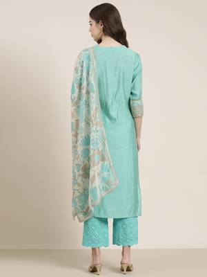 women's round neck bandhani zari sea green straight kurta and trouser with dupatta 5