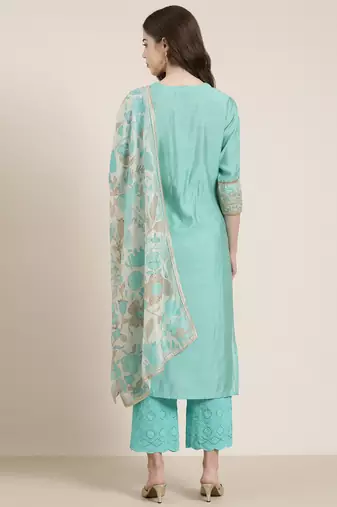 women's round neck bandhani zari sea green straight kurta and trouser with dupatta
