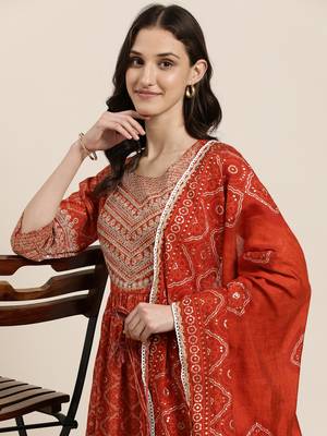 women's round neck bandhani foil print rust a-line kurta and trouser with dupatta 1