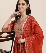 women's round neck bandhani foil print rust a-line kurta and trouser with dupatta