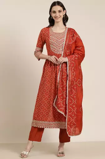 women's round neck bandhani foil print rust a-line kurta and trouser with dupatta