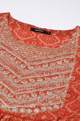 women's round neck bandhani foil print rust a-line kurta and trouser with dupatta