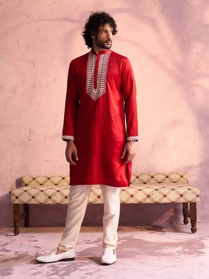 Men'S Red And Cream Moonga Silk Kurta Pyjama Set 1